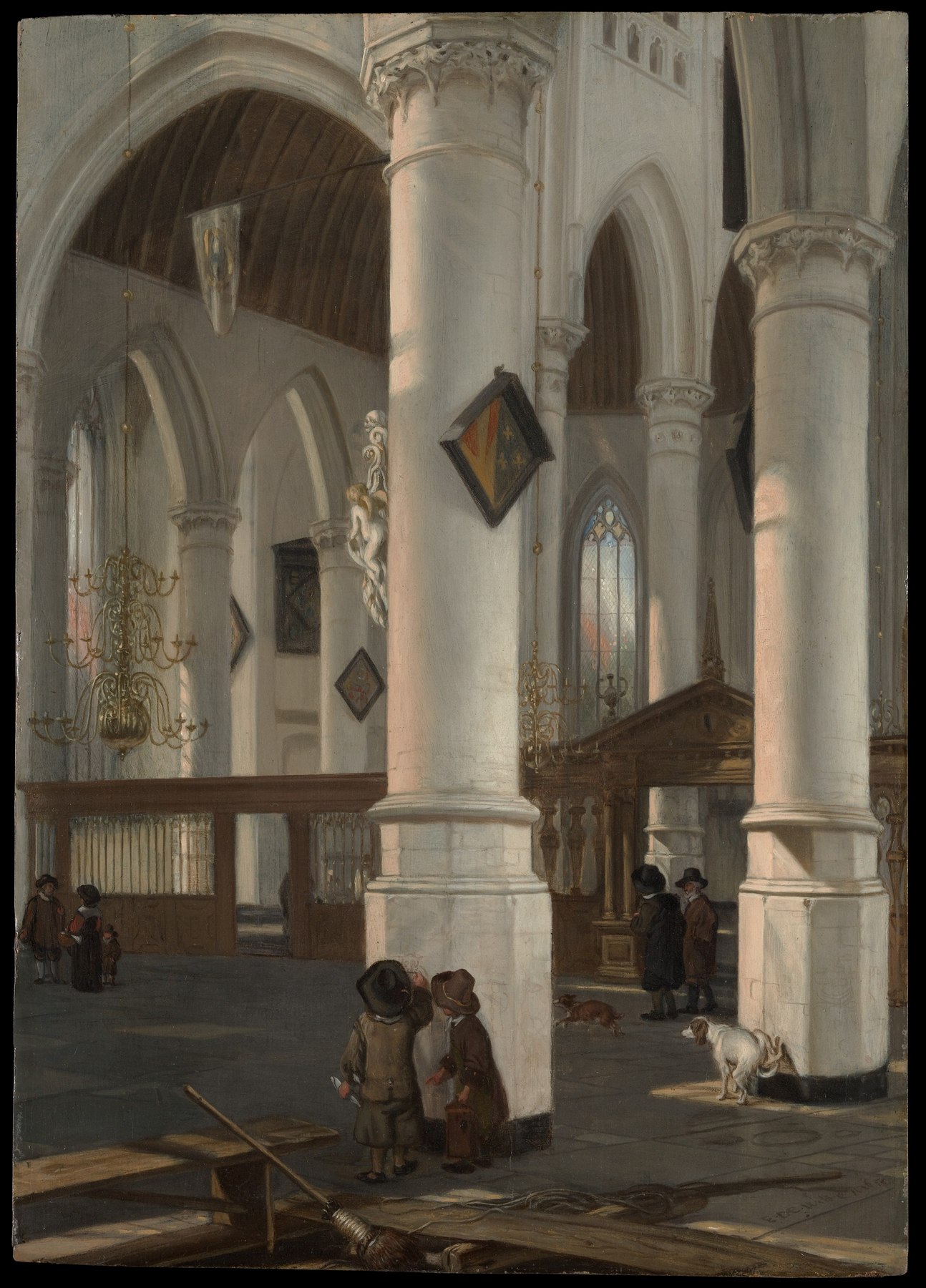 Tall stone columns, arches, visitors, and daylight define a church interior painted by Emanuel de Witte.