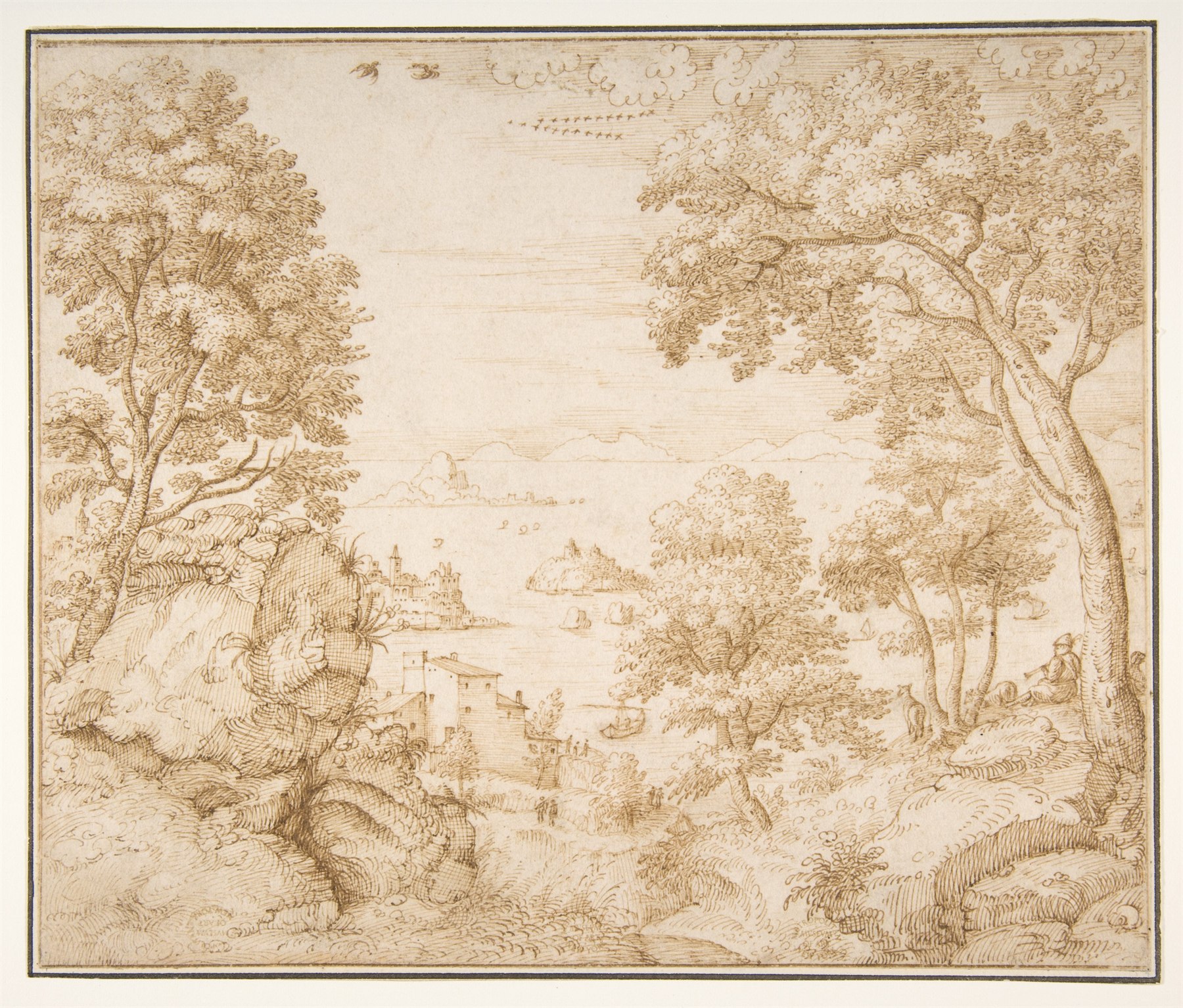 A finely drawn coastal landscape frames a distant settlement between trees and rocky banks.