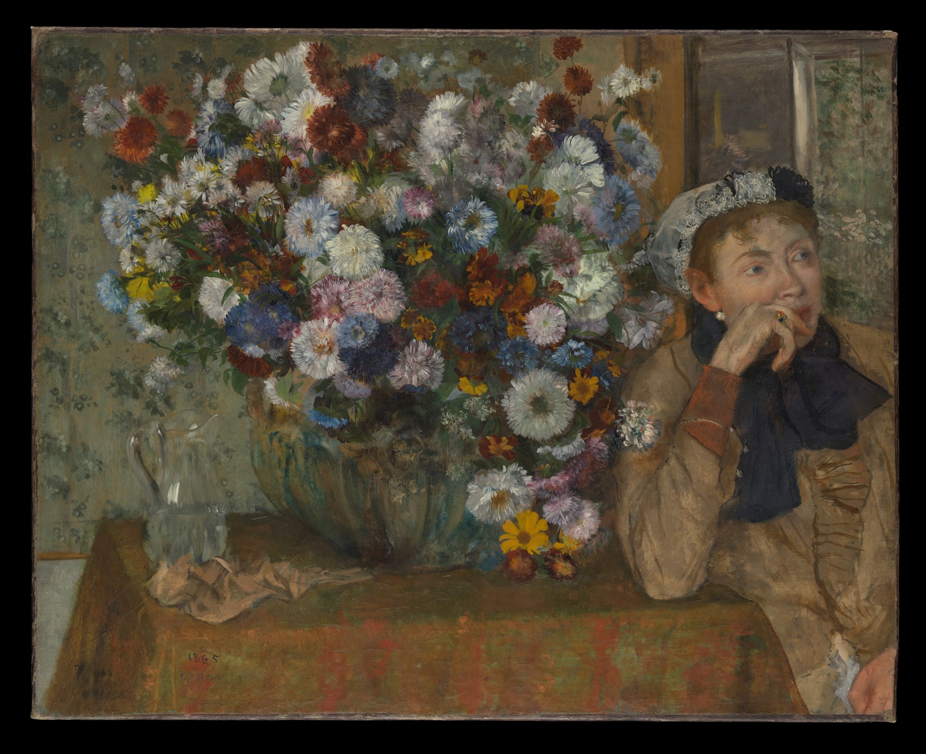 A seated woman looks aside beside a large arrangement of multicolored flowers in a painting by Edgar Degas.